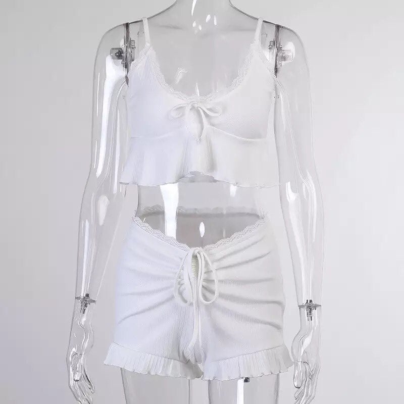 White Lace 2pcs Tracksuit Set Crop Top + Shorts Outwear Pajama Set Loungewear Summer Aesthetic Casual E-Girl Kawaii Korean Japanese Harajuku