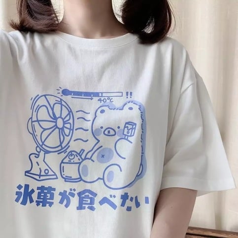 Sweet Bear Anime Cartoon Print Loose Short Sleeve T-shirt Top Summer Causal Goth Punk E-Girl Kawaii Korean Japanese Harajuku Streetwear