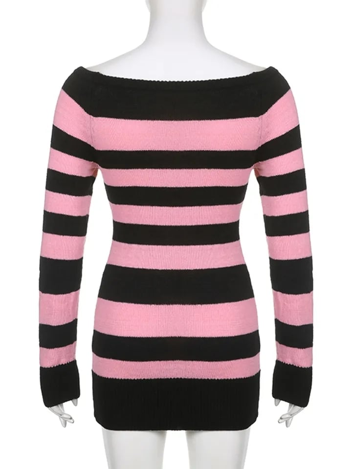 Pink & Black Stripe Off Shoulder Knit Dress