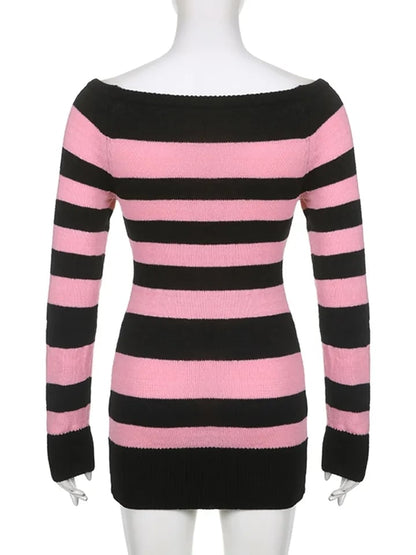 Pink & Black Stripe Off Shoulder Knit Dress
