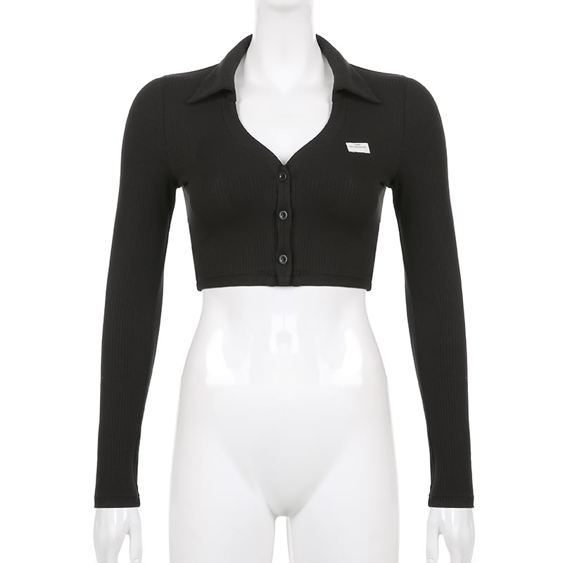 Black Knit V Neck Long Sleeve Crop Top