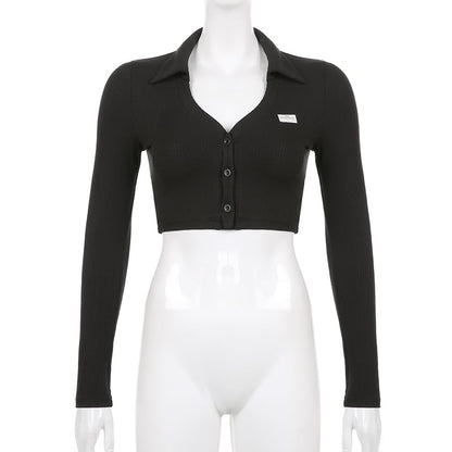 Black Knit V Neck Long Sleeve Crop Top