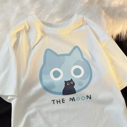 Cat Cartoon Sun Moon Print Short Sleeve T-shirt