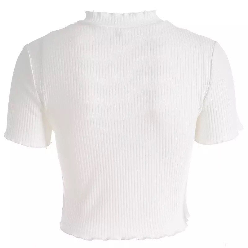Cute Anime Girl Crying Eye Embroidery White Ribbed Crop Top Short Sleeve Shirt T-shirt Summer Casual E-Girl Kawaii Korean Japanese Harajuku Streetwear