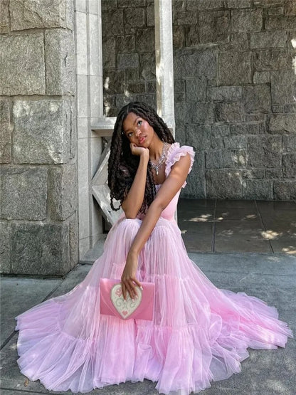 Pink Fairy Mesh Puffy Square Neck Long Dress