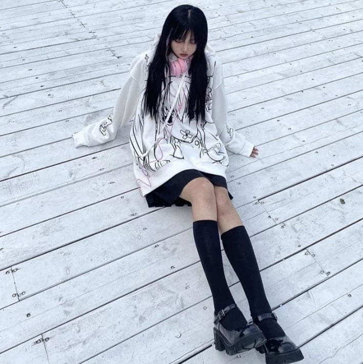 Cute Black Goth Anime Hoodie Grunge Loose Long Sleeve Shirt Aesthetic Casual E-Girl Kawaii Korean Japanese Harajuku