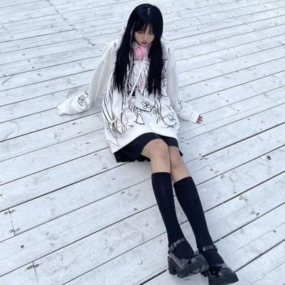 Cute Black Goth Anime Hoodie Grunge Loose Long Sleeve Shirt Aesthetic Casual E-Girl Kawaii Korean Japanese Harajuku