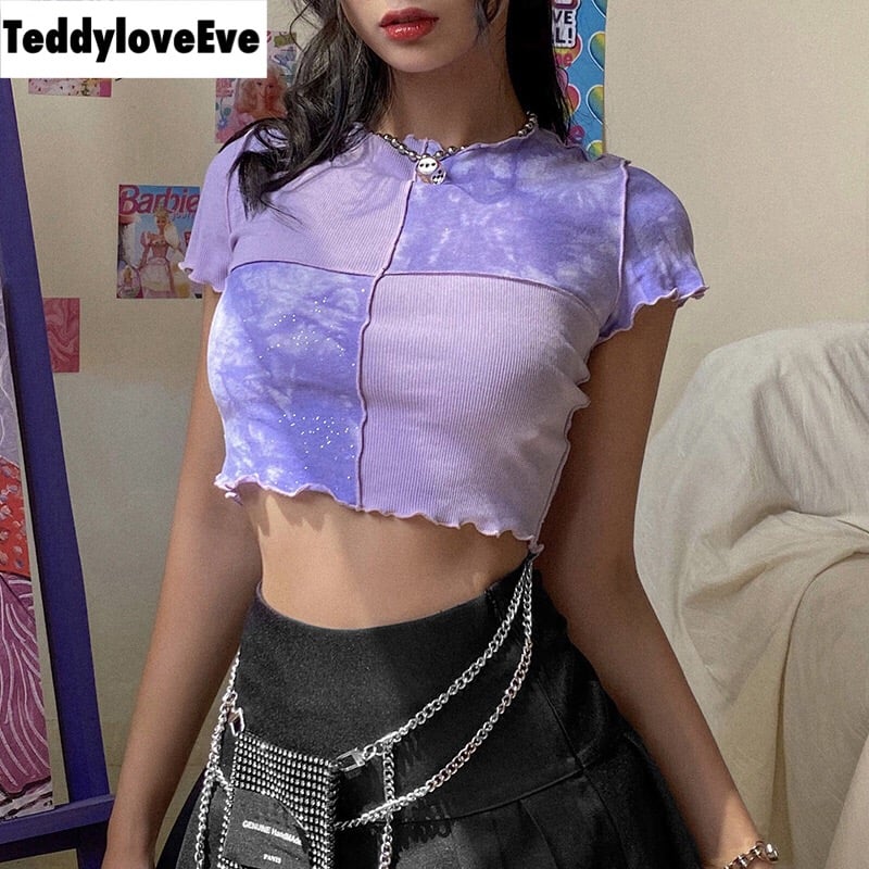 Cute Purple Sequin Ruffle Hem Patchwork Sexy Crop Top Short Sleeve Shirt Tee T-shirt Summer Casual E-Girl Kawaii Korean Japanese Harajuku Streetwear