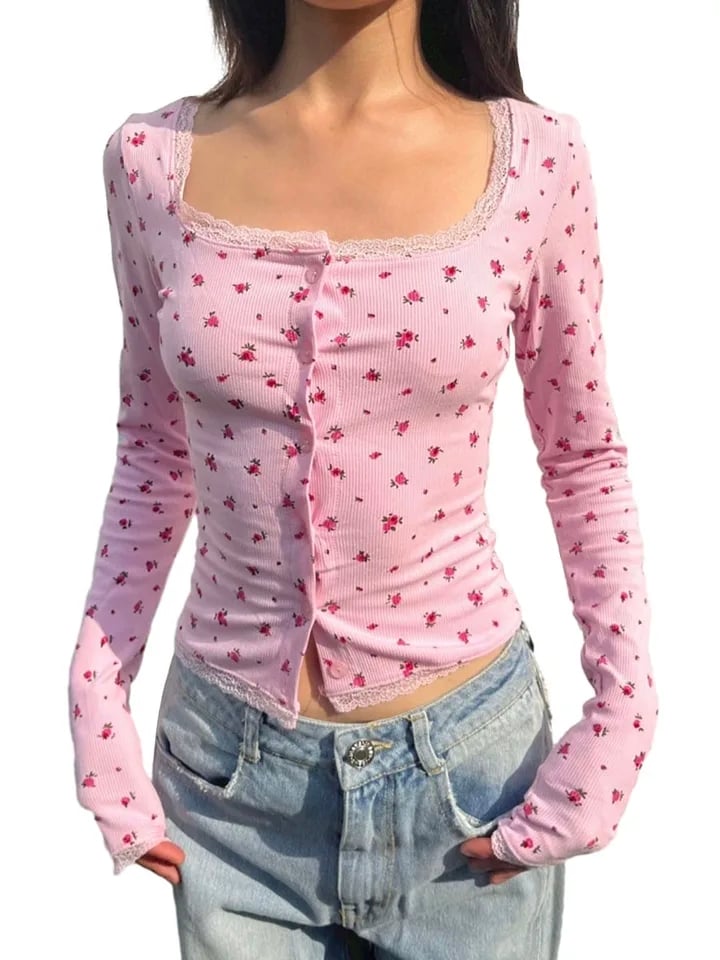 Pink Flower Lace Long Sleeve Shirt