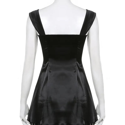 Black 2 Layer Square Neck Collar A-Line Dress