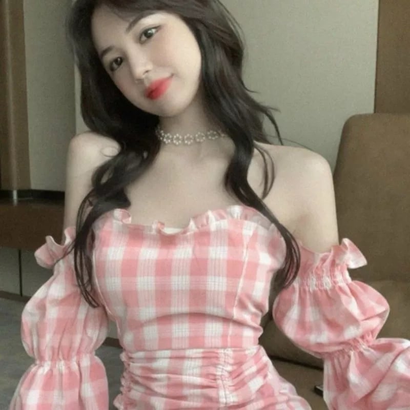 Cute Pink Gingham Plaid Off Shoulder Long Sleeve Drawstring Bodycon Dress Aesthetic Casual Summer E-Girl Kawaii Korean Japanese Harajuku