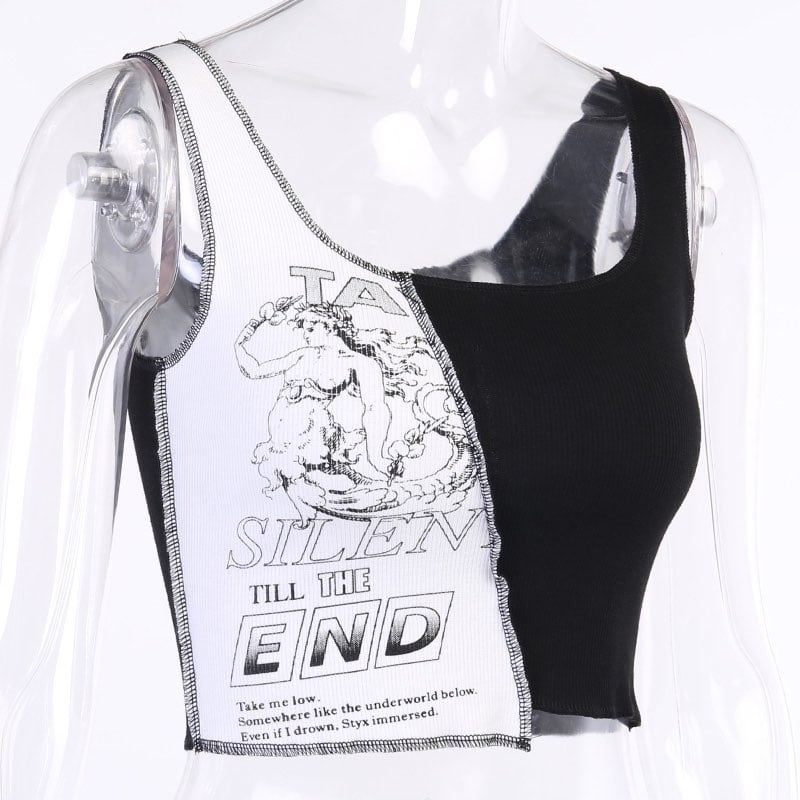 Cute Sexy Black White Patchwork Print Tank Crop Top Sleeveless Shirt Punk Bodycon Aesthetic Goth E-Girl Kawaii Korean Japanese Harajuku Streetwear