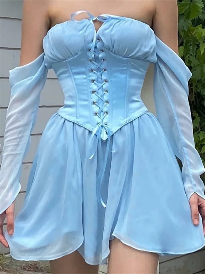Blue Off Shoulder Corset Bustier Long Sleeve Dress