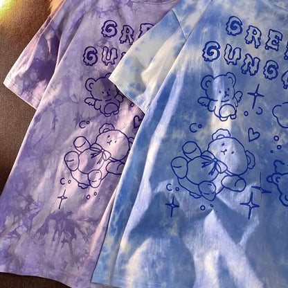 Cute Vintage Retro 90s Tie Dye Aesthetic Bear Short Sleeve Tee Shirt Top Oversize Loose Summer E-Girl Kawaii Korean Japanese Harajuku Streetwear