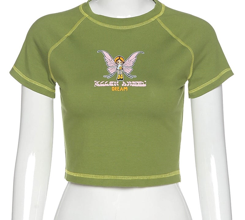 Cute Butterfly Graphic Letter Green Crop Top Short Sleeve Shirt Tee T-shirt E-Girl Kawaii Korean Japanese Harajuku Chinese Retro Streetwear Aesthetic