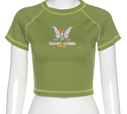 Cute Butterfly Graphic Letter Green Crop Top Short Sleeve Shirt Tee T-shirt E-Girl Kawaii Korean Japanese Harajuku Chinese Retro Streetwear Aesthetic