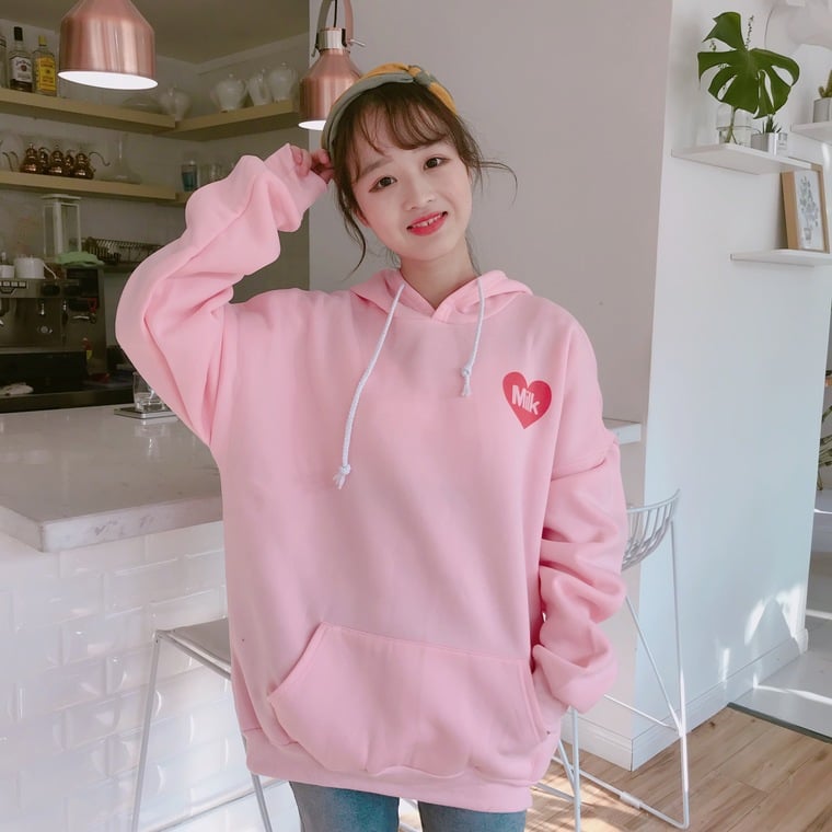 Cute Pastel Pink Peach Cartoon Print Long Sleeve Hoodie Pullover Sweater Sweatshirt Autumn Winter E-Girl Kawaii Korean Japanese Harajuku Streetwear