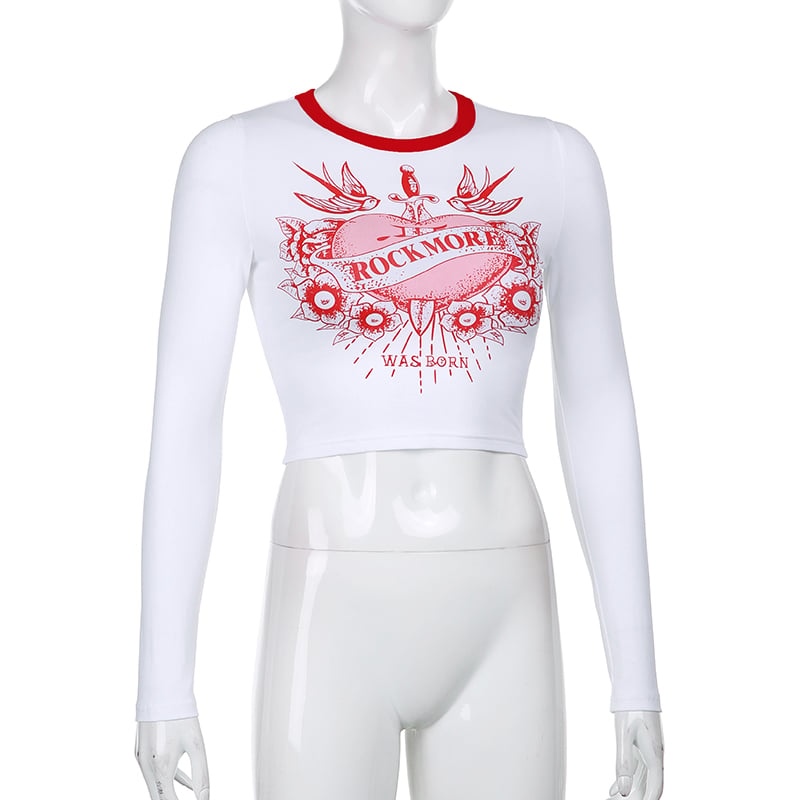 Cute Retro Rock Heart Aesthetic Print Crop Top Long Sleeve Shirt Tee T-shirt Punk Goth Summer Casual E-Girl Kawaii Korean Japanese Harajuku Streetwear