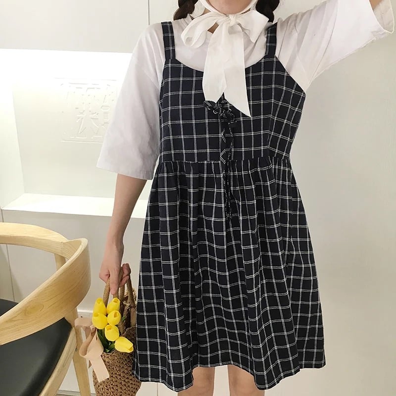 Cute Summer Preppy Loose Casual Plaid Checkered Tank Dress E-Girl Kawaii Korean Japanese Harajuku Retro Streetwear