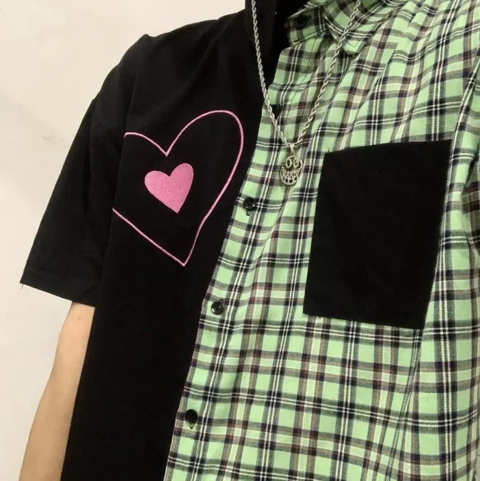 Cute Heart Pocket Plaid Patchwork Vintage Blouse Short Sleeve T- Shirt Top Aesthetic Casual Summer E-Girl Kawaii Korean Japanese Harajuku