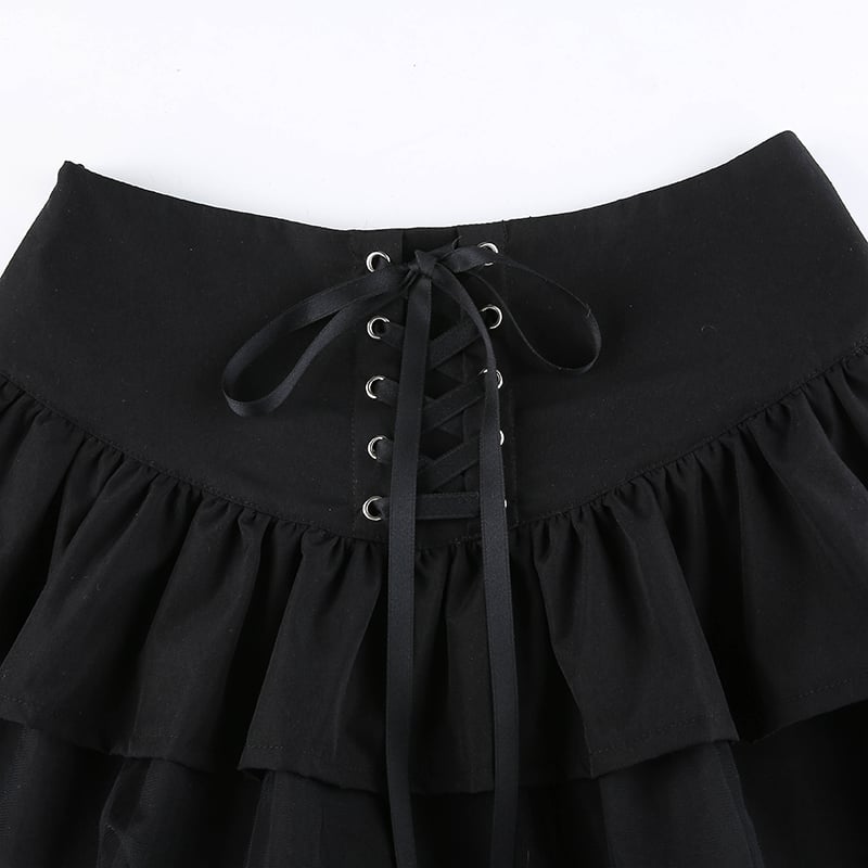 Cute Black Goth Lace Up High Waisted Ruffle Skirt Punk Bandage A-line Lace Trim Tutu Casual E-Girl Kawaii Korean Japanese Harajuku Streetwear