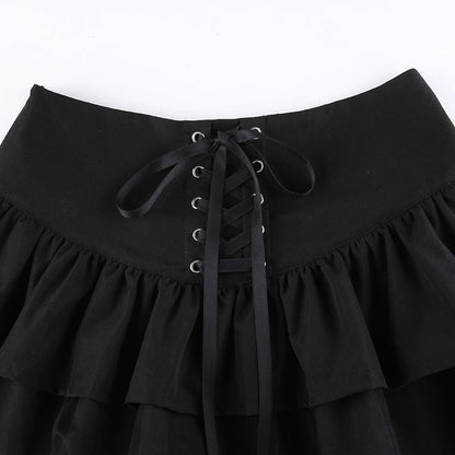 Cute Black Goth Lace Up High Waisted Ruffle Skirt Punk Bandage A-line Lace Trim Tutu Casual E-Girl Kawaii Korean Japanese Harajuku Streetwear