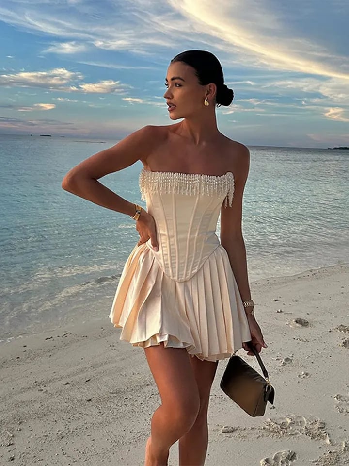 Pearl Tassel Pleated Mini Dress