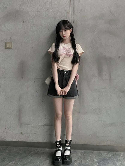 Cat Print Ribbed Short Sleeve T-shirt