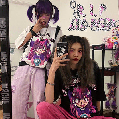 Cute Girl Graffiti Graphic Art Print Punk Baggy Hip Hop Oversized Long Sleeve Tee Shirt T-shirt Top E-Girl Kawaii Korean Japanese Harajuku Streetwear