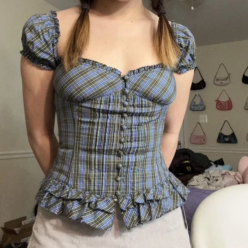 Plaid Milkmaid Ruffle Puff Sleeve Top