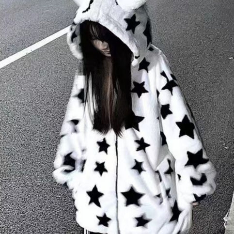 3D Star Ear Print Plush Hood Jacket