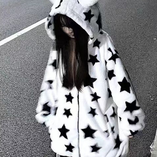 3D Star Ear Print Plush Hood Jacket