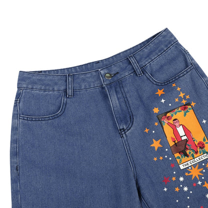 Vintage Star Moon Night Sky Women Heans Pattern Print Autumn Winter Demin Trouser Blue Pants Bottom E-Girl Kawaii Korean Japanese Harajuku Streetwear