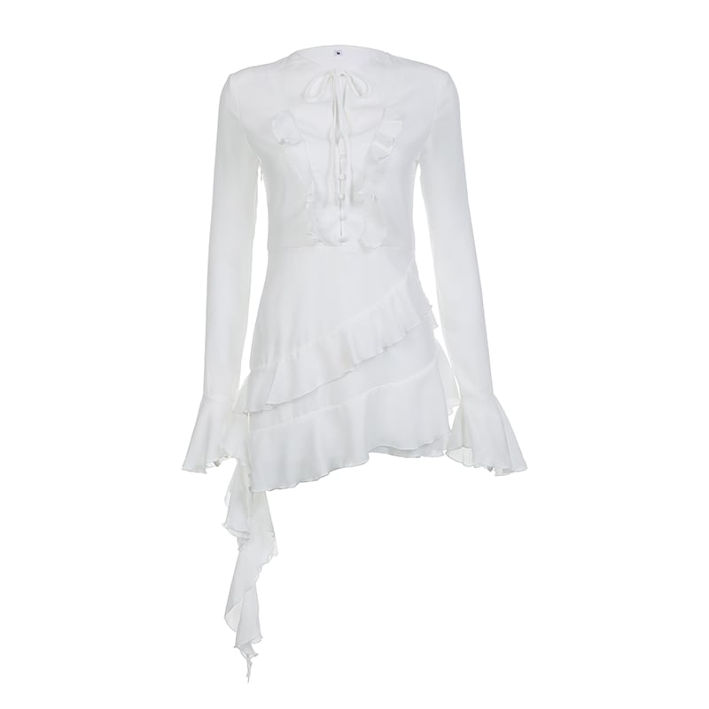 White Ruffle A-Line Chiffon Long Sleeve Flare Dress