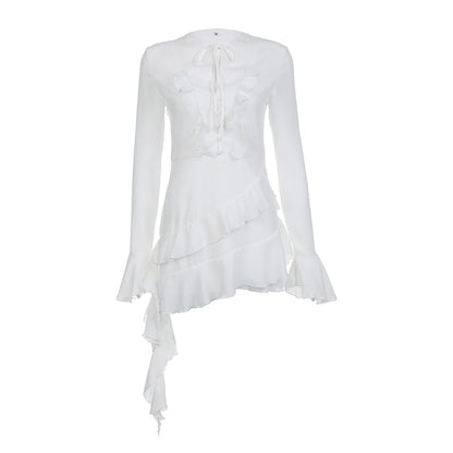 White Ruffle A-Line Chiffon Long Sleeve Flare Dress