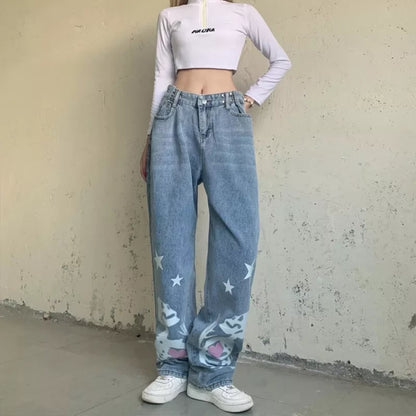 Blue Skull Print Denim Straight Leg Jeans