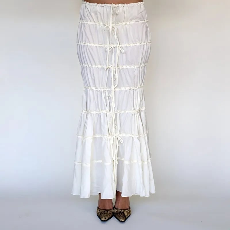 2PCS White Ruffle Camisole + High Waist Long Skirt