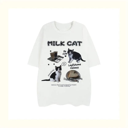 Cat Milk Cartoon Print Short Sleeve T-shirt