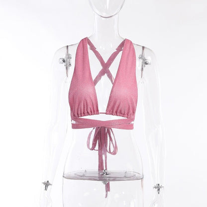 2PCS Pink Sequin Cut Out Tank Top + Mini Skirt
