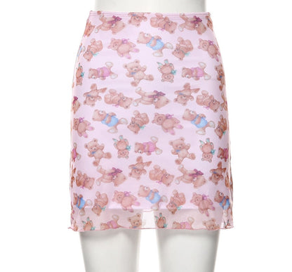 Cute Pink Bear Cartoon 90s Vintage Print Mesh Sheer Mini Skirt Bottom E-Girl Kawaii Korean Japanese Harajuku Retro Streetwear Fashion