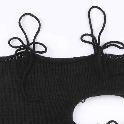 Black Knit Tie Up Backless Crop Top