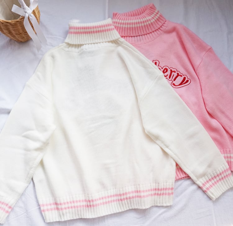 Cute Pastel Pink Strawberry Milk Turtleneck Knit Sweater Sweatshirt Jumper Long Sleeve Pullover E-Girl Kawaii Korean Japanese Harajuku Streetwear