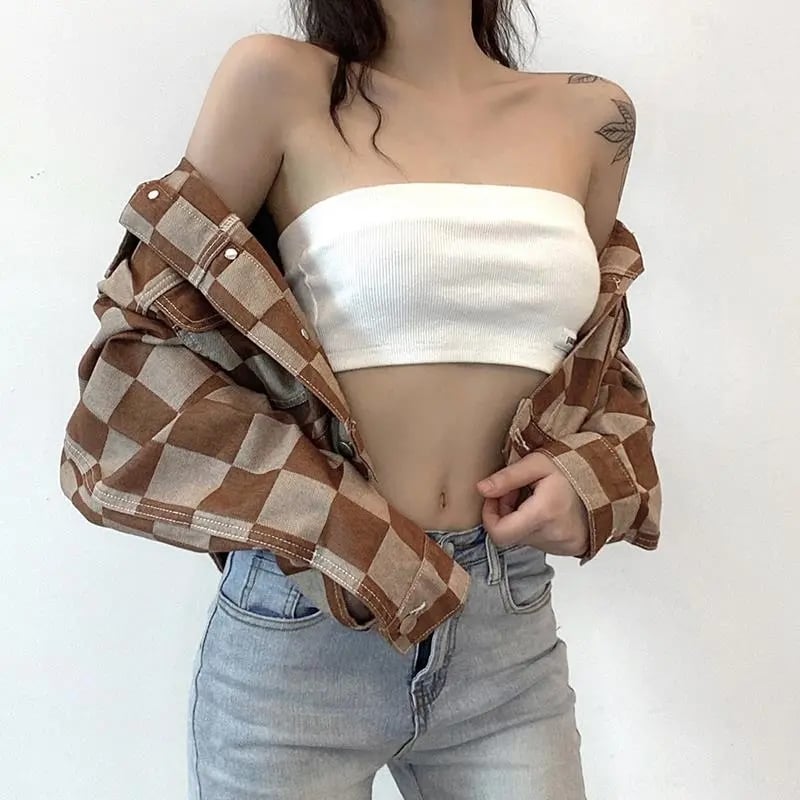 Brown Checkboard Cropped Denim Jacket