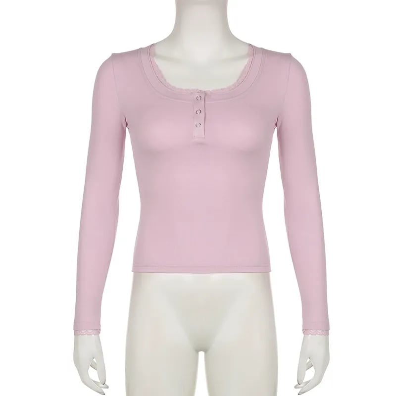 Pink Lace Trim Long Sleeve Shirt