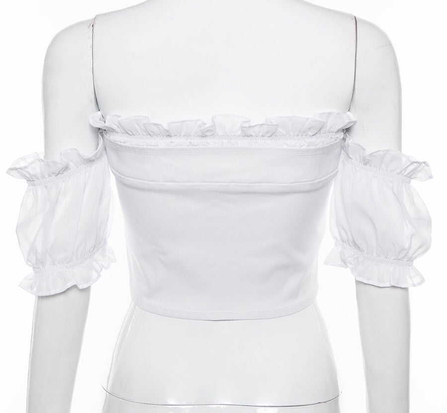 Cute Sexy Lace Up Ruffle Crop Top Short Sleeve Shirt T-shirt Tee Top Kawaii Korean Japanese Harajuku Chinese Retro Streetwear Aesthetic Fashion