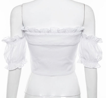 Cute Sexy Lace Up Ruffle Crop Top Short Sleeve Shirt T-shirt Tee Top Kawaii Korean Japanese Harajuku Chinese Retro Streetwear Aesthetic Fashion