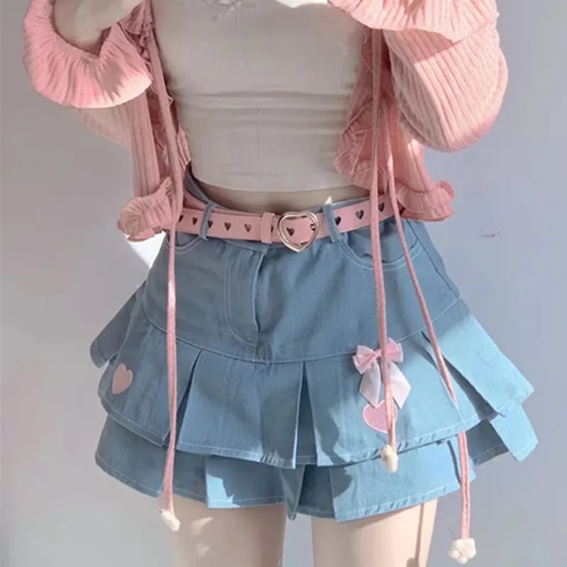 Heart Embroidery Blue Denim Skirt