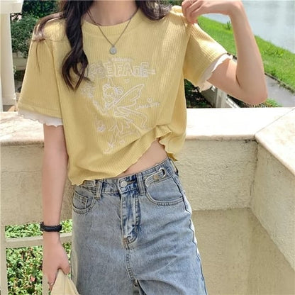 Sweet Fairy Embroidery Ruffle Short Sleeve T-shirt