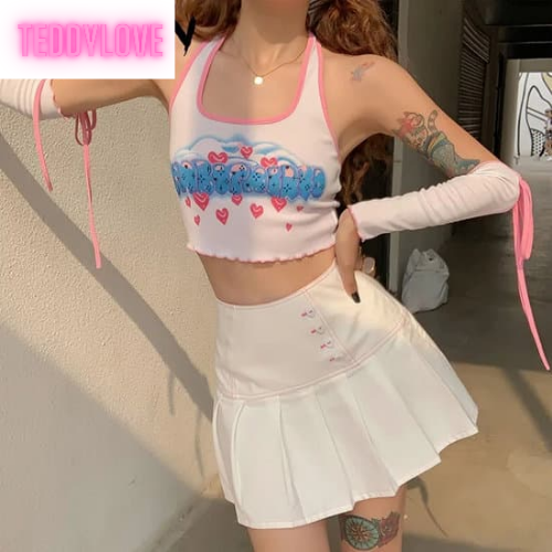Cute Sweet White Heart Button Pleated Zipper Patchwork High Waisted Mini Skirt Bottoms Aesthetic Casual Summer E-Girl Kawaii Korean Japanese Harajuku