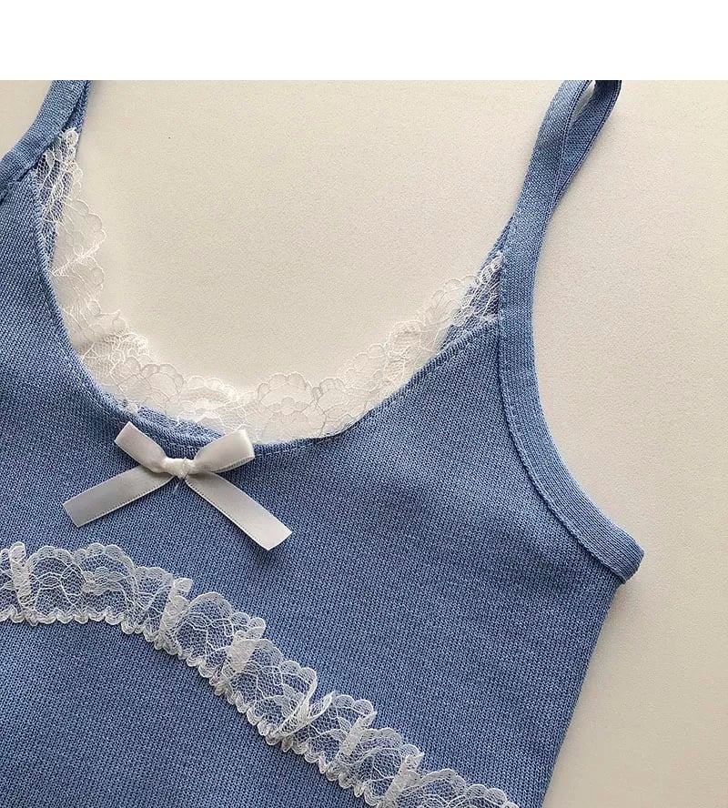 Patchwork Lace Bow Knit Camisole Crop Top